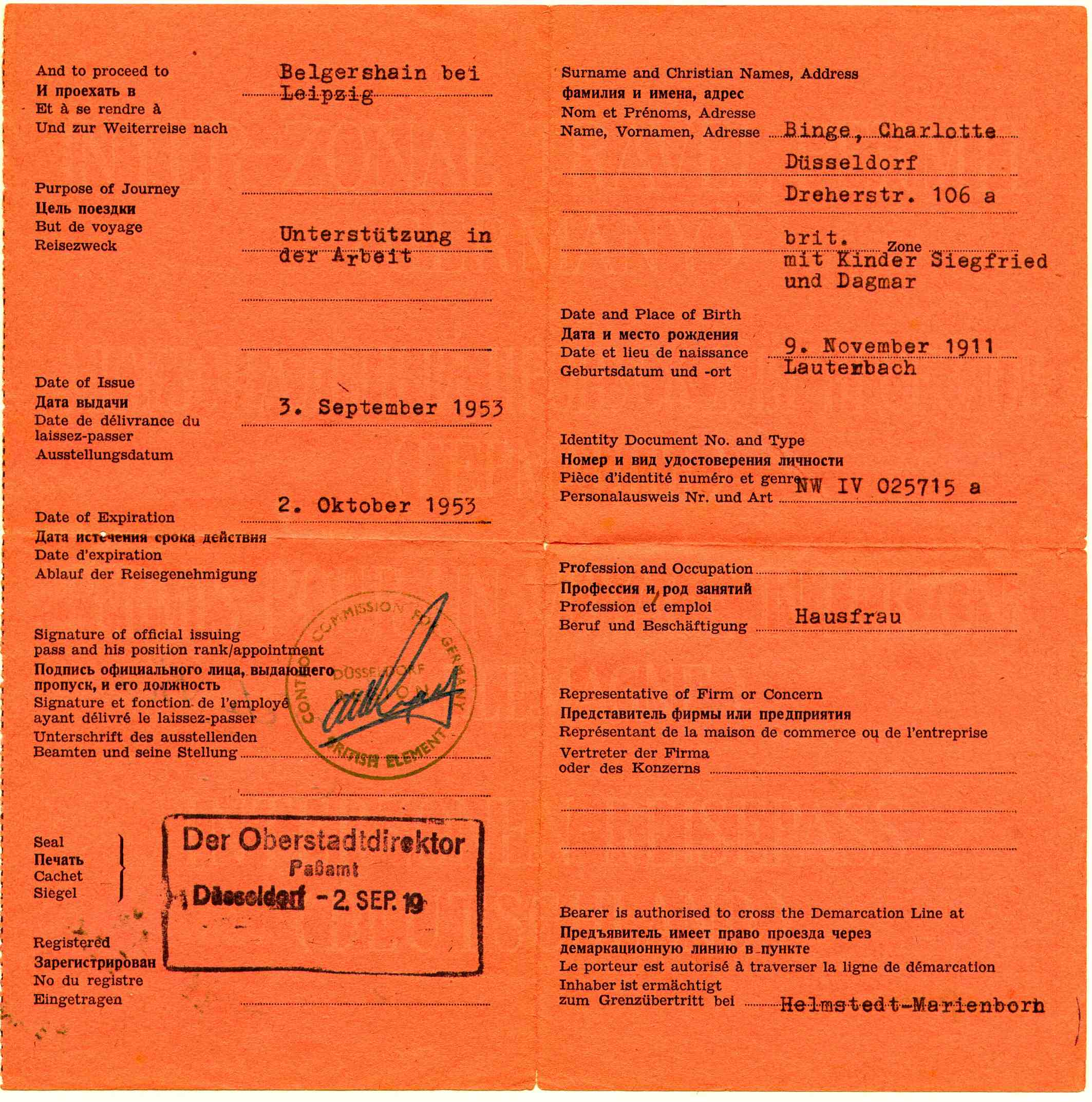 Interzonen Reiseerlaubnis - Inter-Zonal Travel Permit